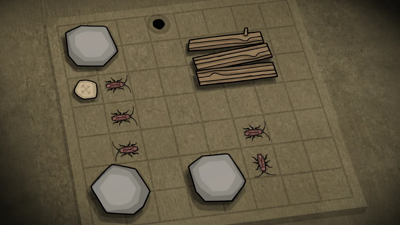 Grid puzzle with rocks, planks, insects, and a crossed-tools token in Servant of the Lake