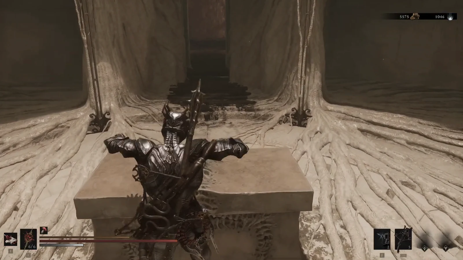 Armored Harbinger standing behind a stone altar in a root-covered beacon chamber with the HUD visible