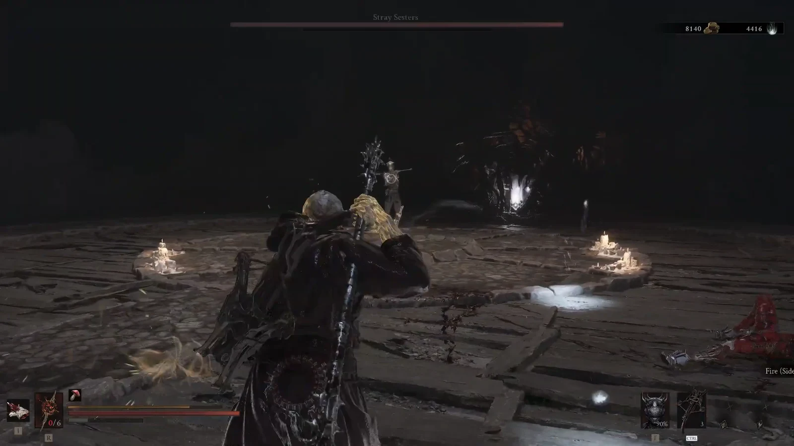 Player advances with weapons drawn through a candlelit arena during the Stray Sester boss phase