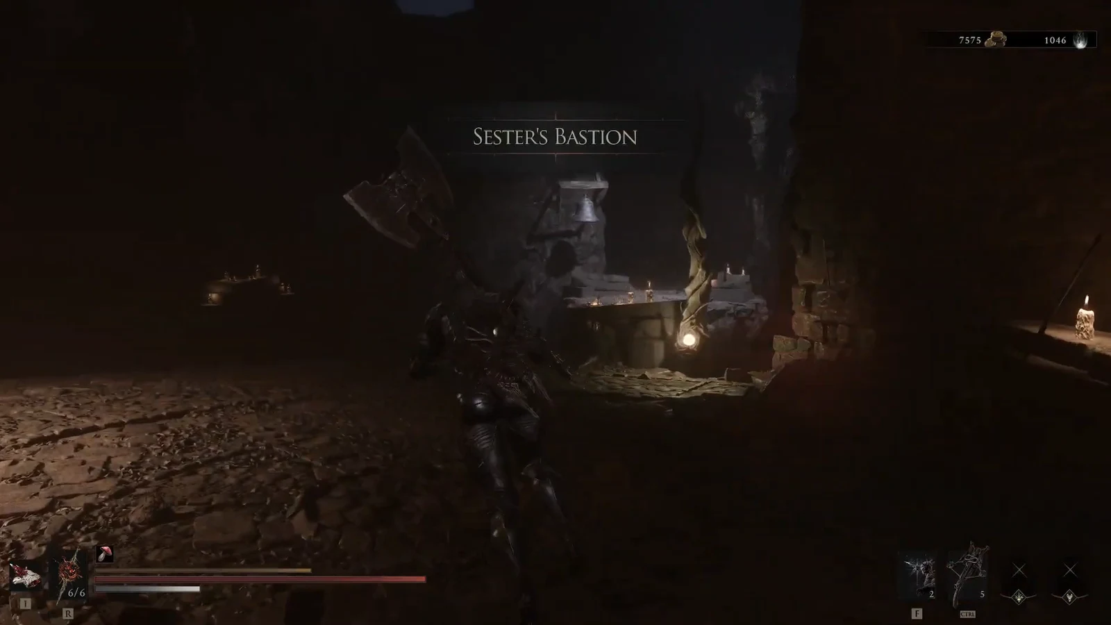 The Sester's Bastion location title appears as the character explores the candlelit fortress interior