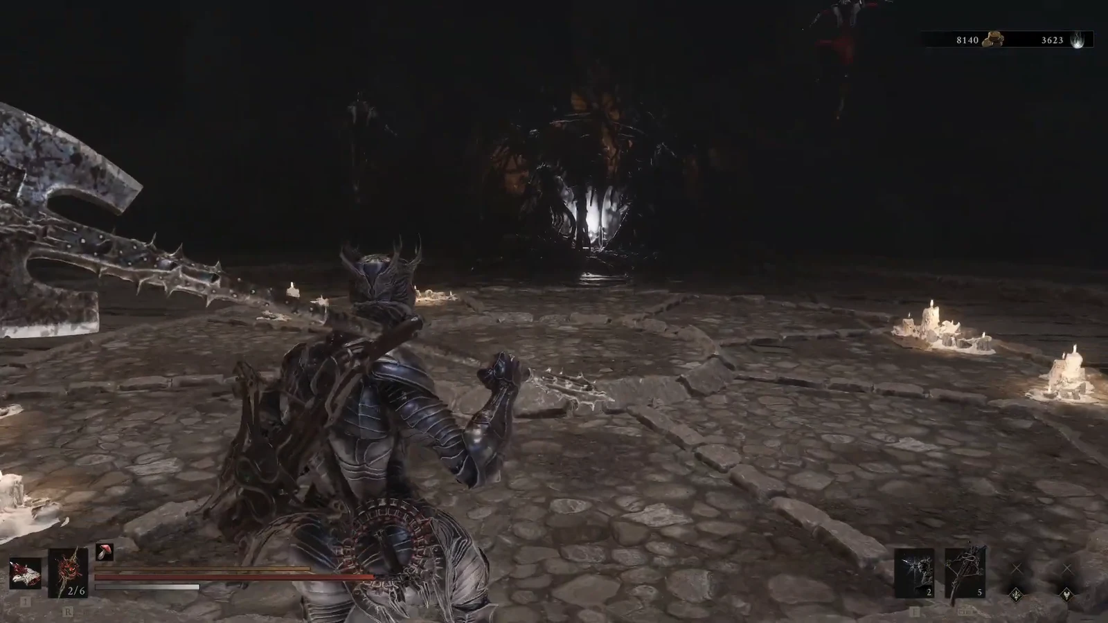 Player wielding a large polearm faces a shadowy Sester enemy in a candlelit boss arena