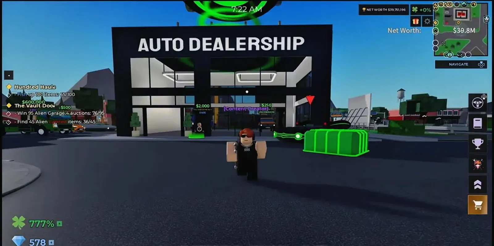 Player avatar approaching the entrance of the Auto Dealership with mission and navigation UI visible