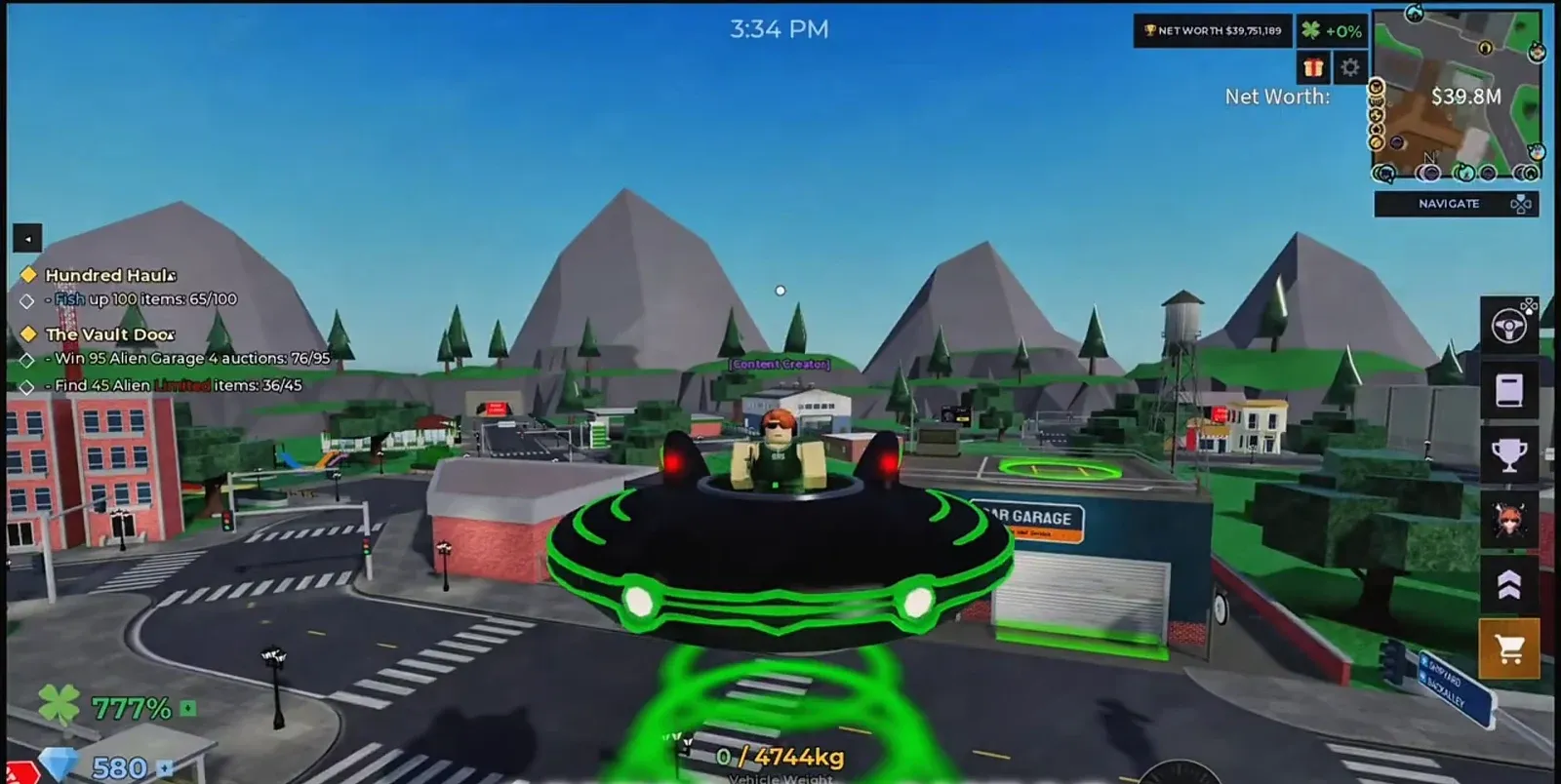Player piloting a glowing UFO above the city near the Alien Garage