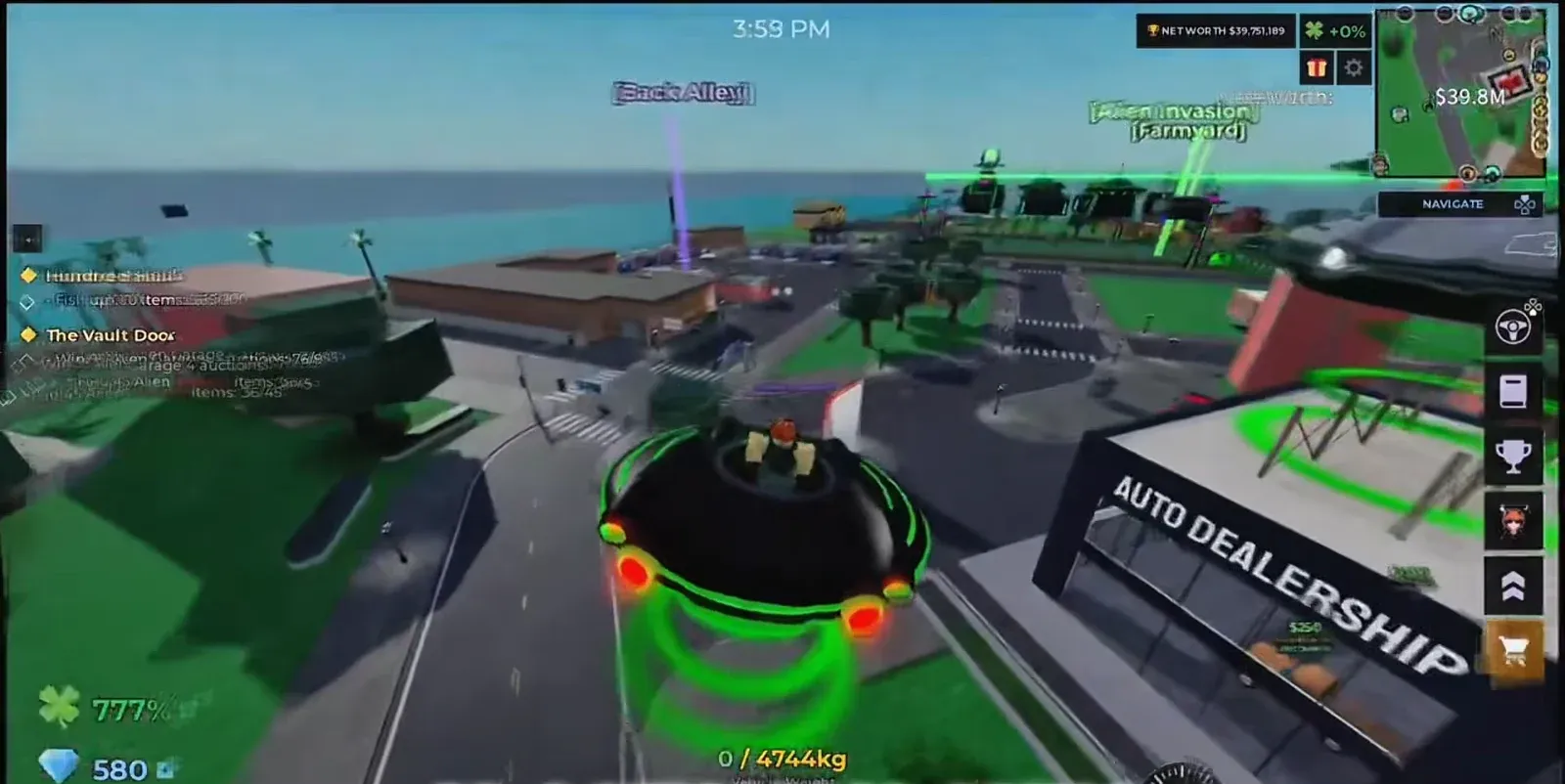 Green UFO hovering above the city near the Auto Dealership with the mission HUD visible