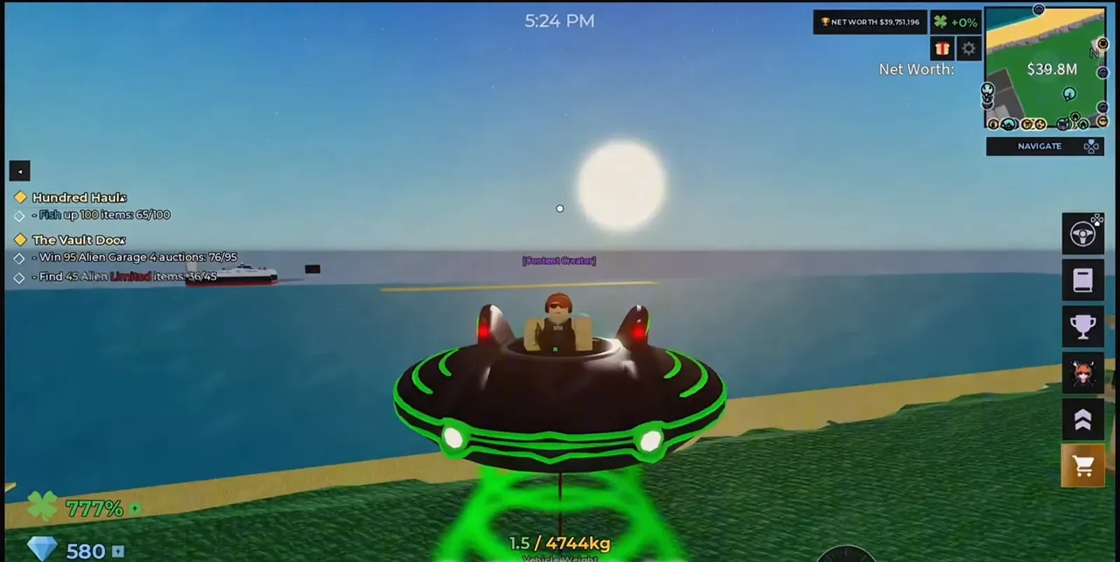 Player flying the UFO along the shoreline with vehicle weight and a Sandstorm timer on screen