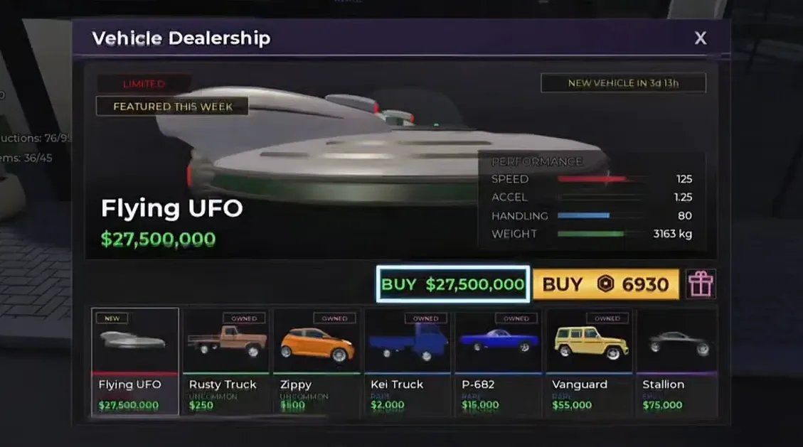Vehicle Dealership screen with the Flying UFO selected and the BUY $27,500,000 button highlighted