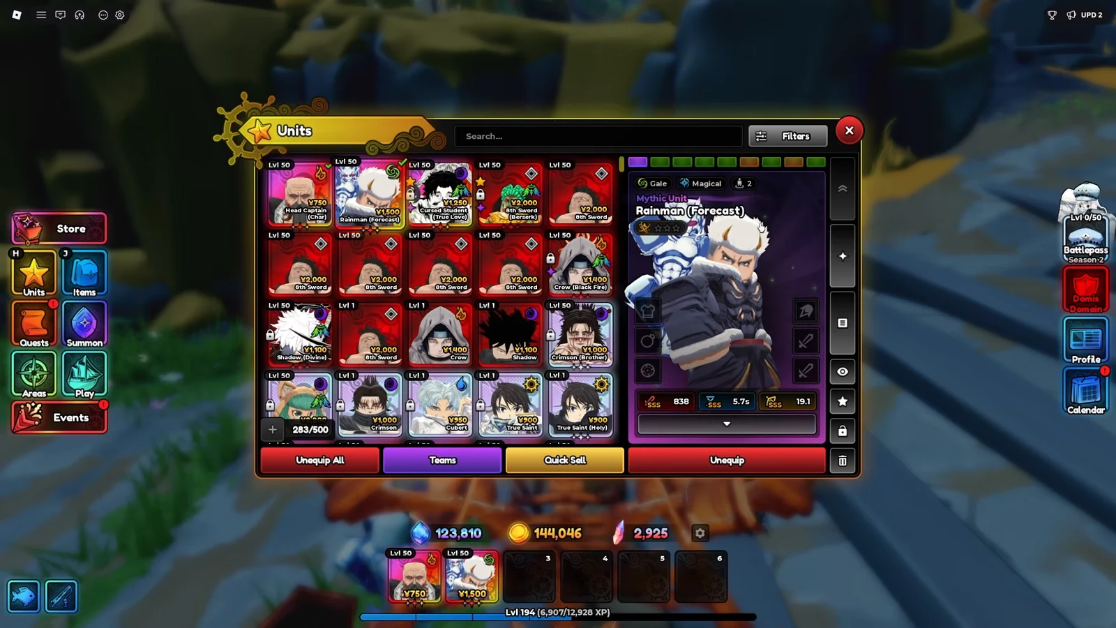 Units menu showing Rainman (Forecast) selected with its unit details open