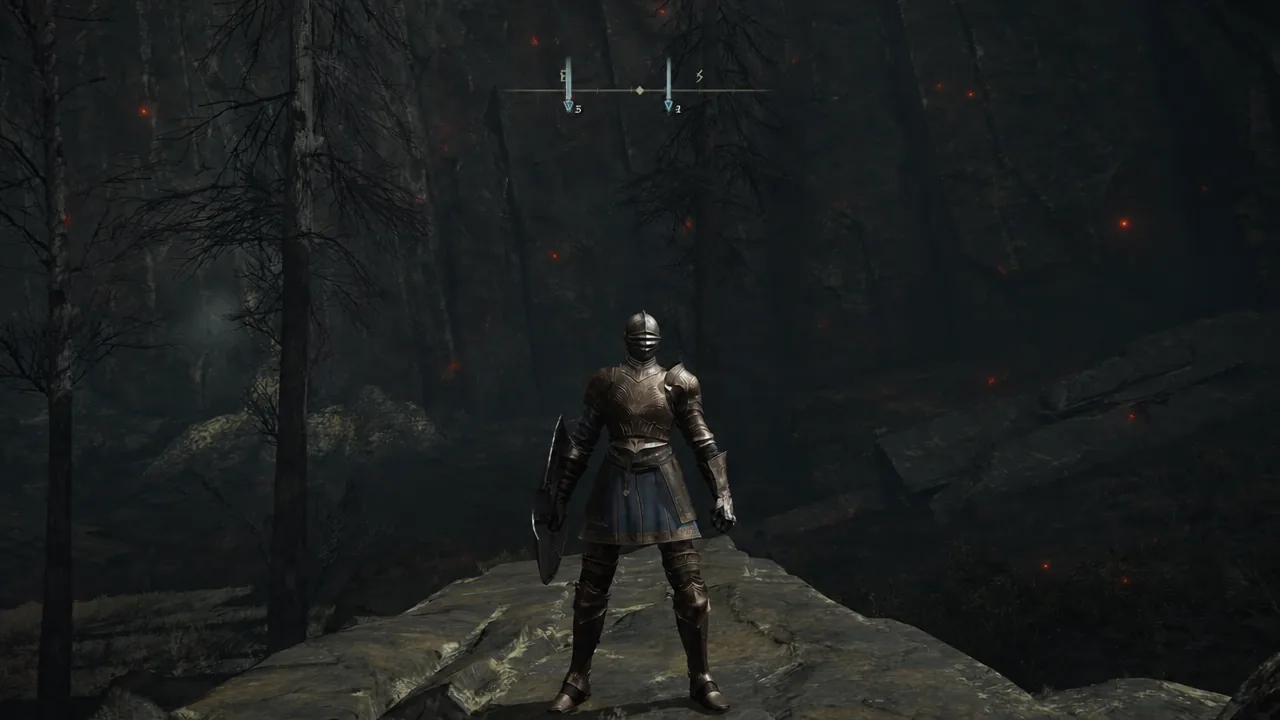 Player character wearing the Silver Grooved armor set standing on a rocky ledge
