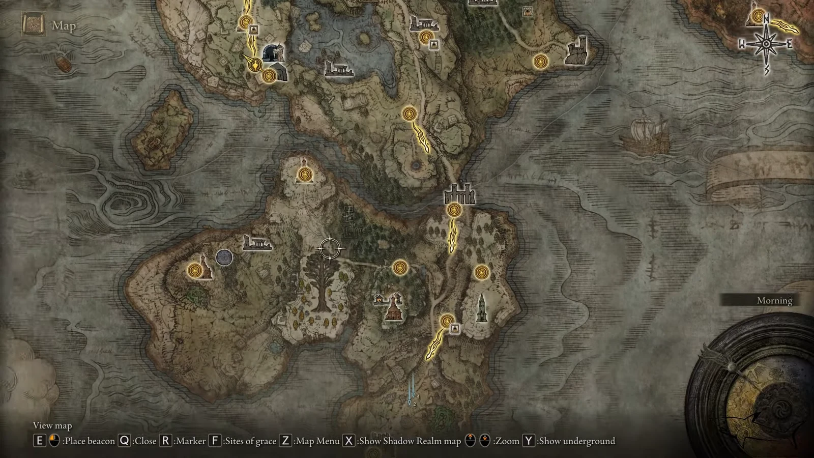Elden Ring map screen with the cursor placed on the route toward Bellum Church