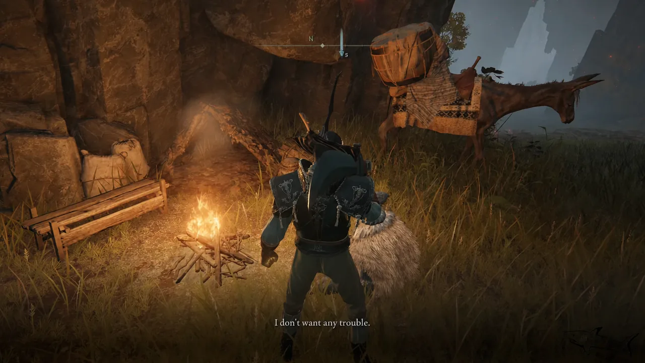Player standing in front of the Nomadic Merchant's mule as dialogue reads I don't want any trouble