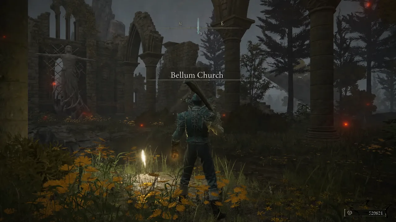 The Bellum Church name card appearing beside a glowing Site of Grace in the ruins
