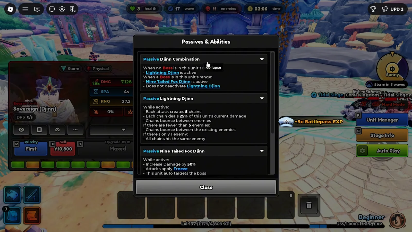 Passives and Abilities dialog showing the full passive descriptions for Sovereign (Djinn)
