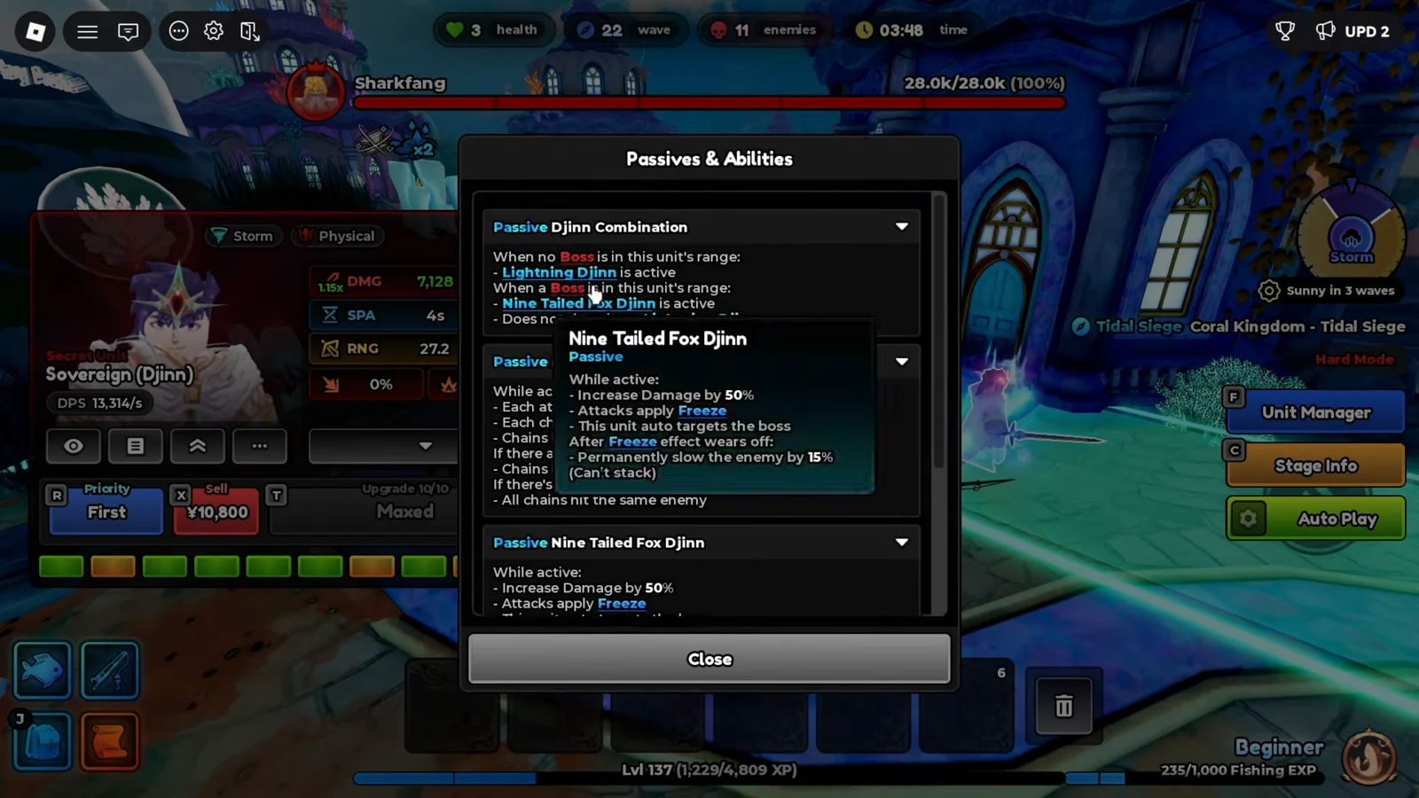 Nine Tailed Fox Djinn passive tooltip open in the Passives and Abilities menu