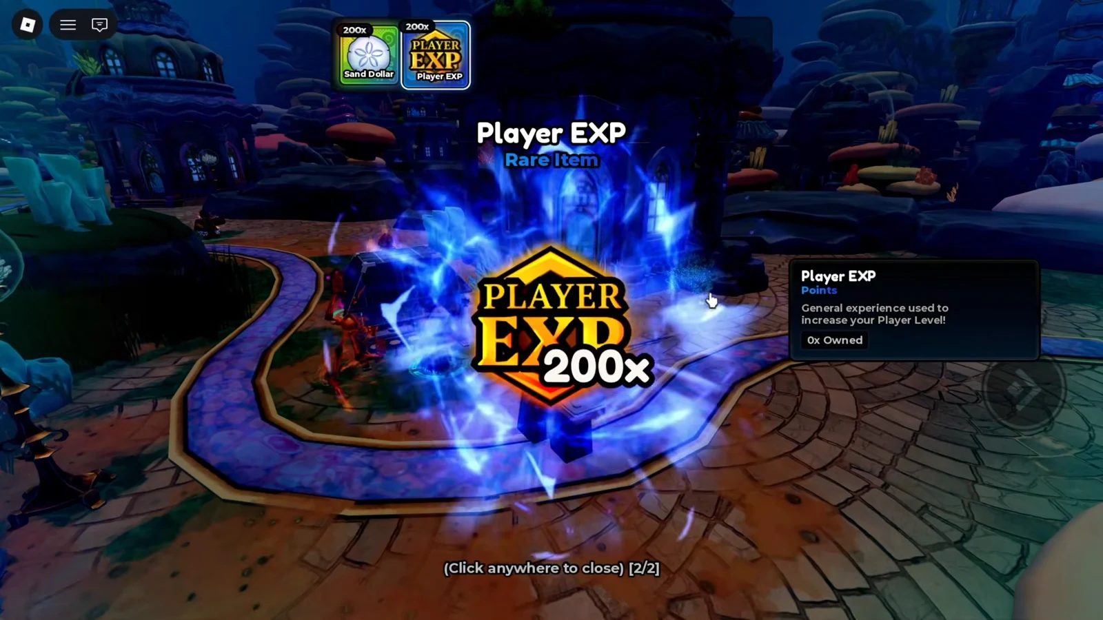 Rare item reward popup awarding 200 times Player EXP after a run ends
