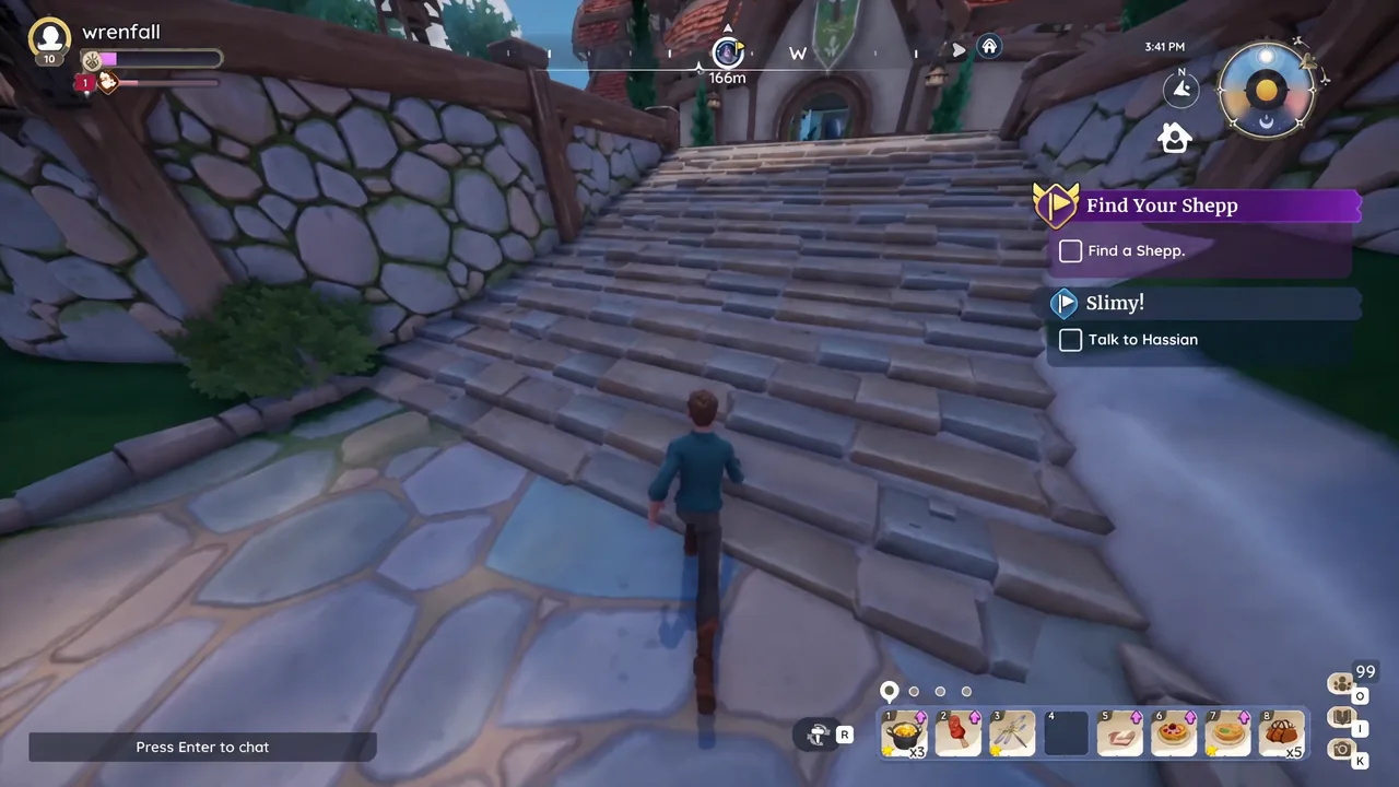 Palia quest tracker on the right side of the screen while the player climbs stairs toward an objective marker