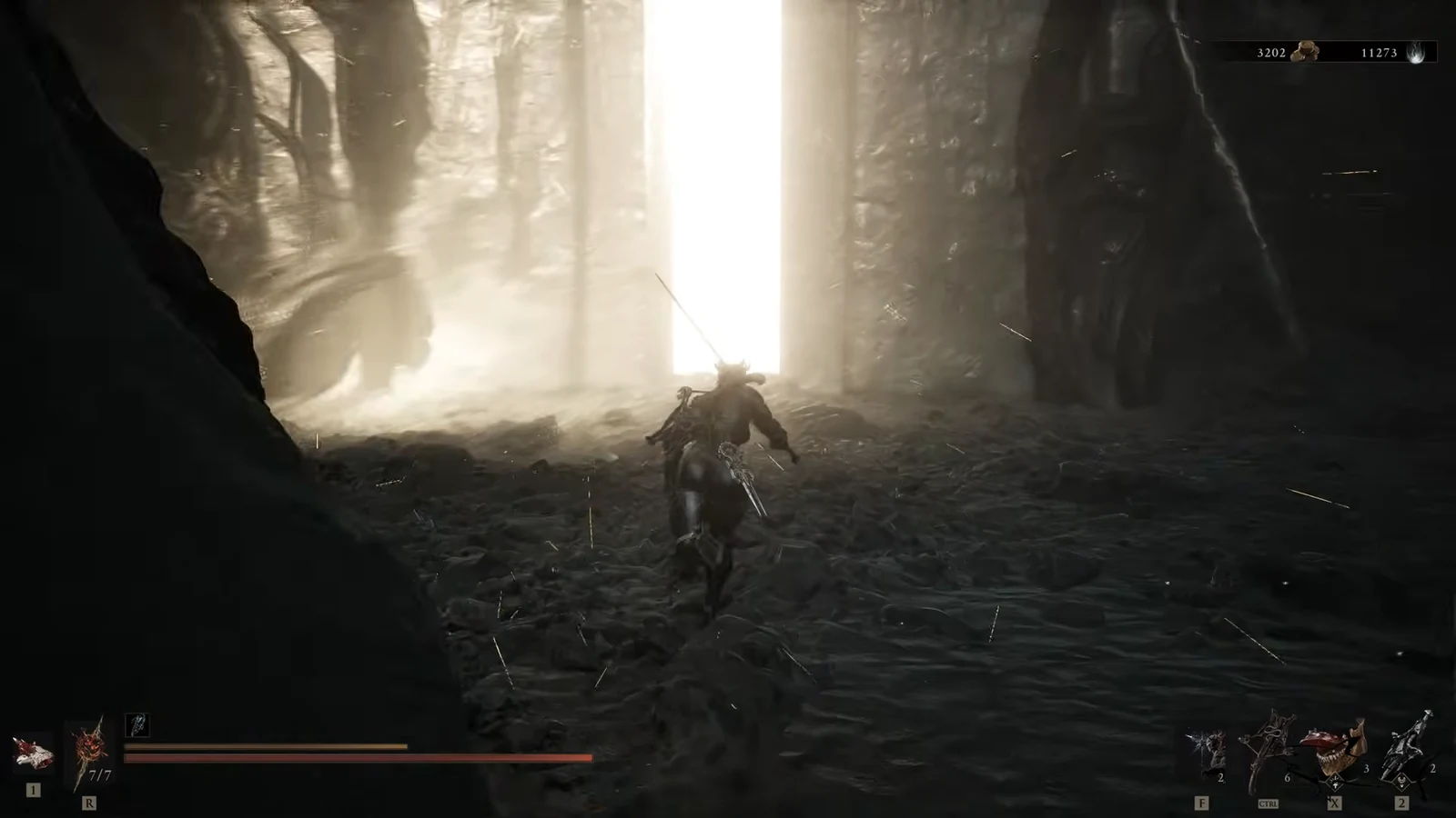 The Harbinger runs toward a bright gate opening in a dark wooded area with the combat HUD on screen