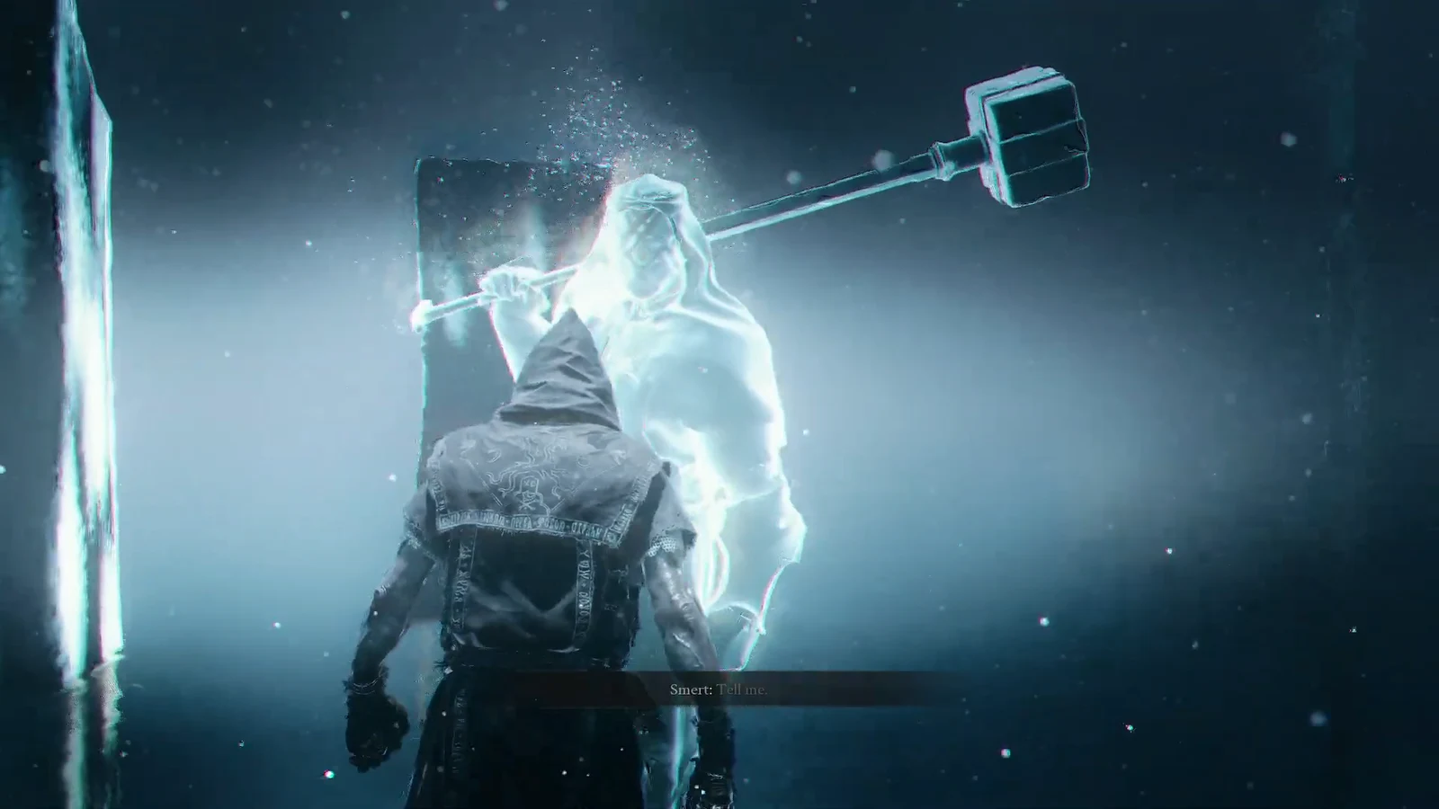 Glowing hologram of Hierarch Harax holding a hammer after the memory's white flash