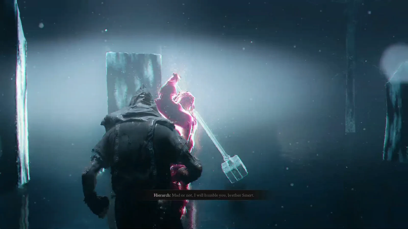 Red spectral Harax hologram trading blows with Smert during the first memory fight