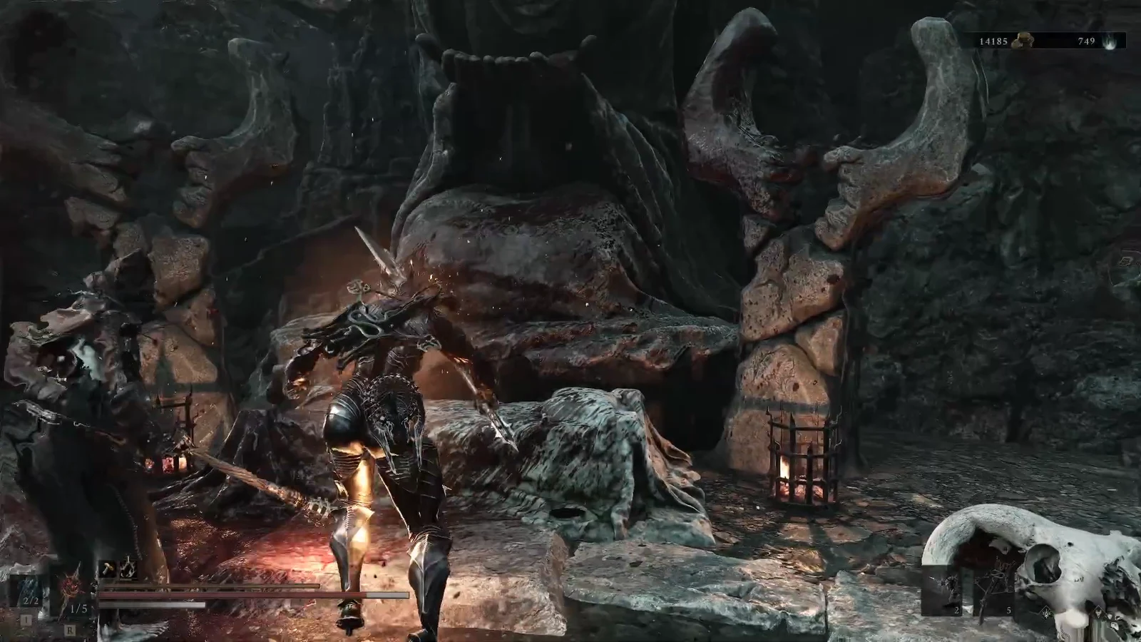 Armored player striking a large seated creature in a dark cavern after the memory ends