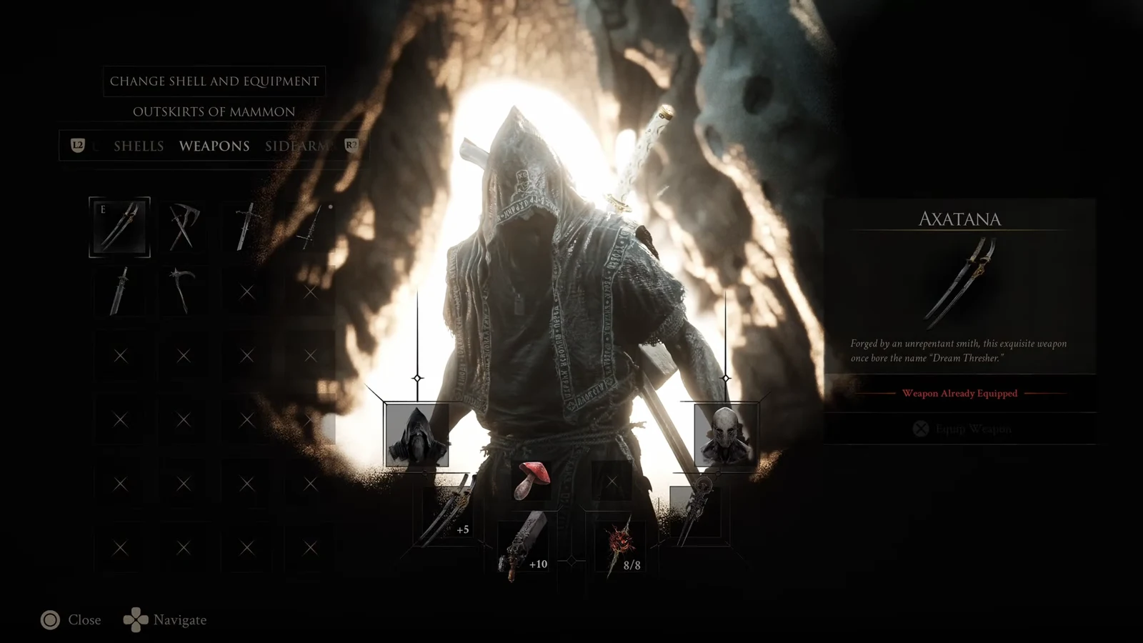 Change Shell and Equipment menu with the Axatana weapon equipped