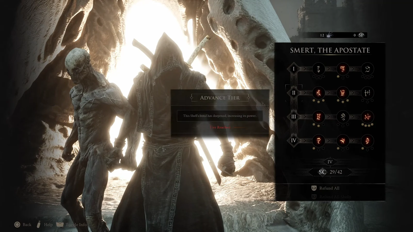 Smert, the Apostate shell menu showing an Advance Tier confirmation prompt