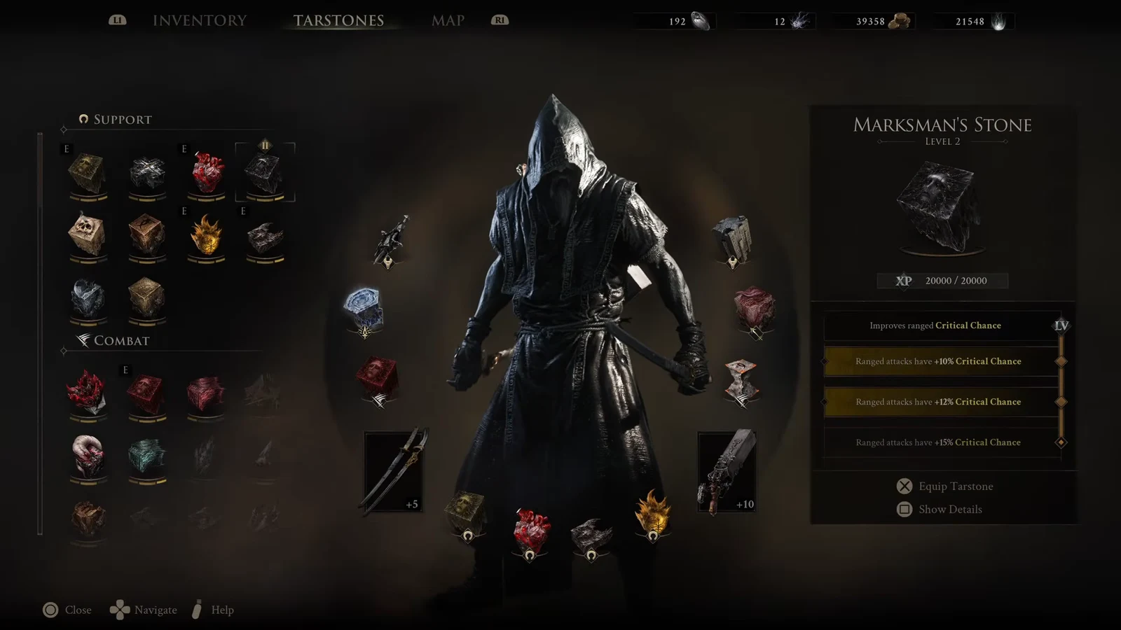 Tarstones menu showing Marksman's Stone Level 2 ranged critical chance upgrade