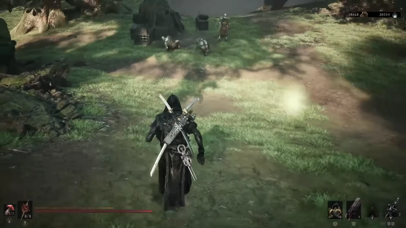 Smert approaching two enemies in a grassy clearing before starting a fight