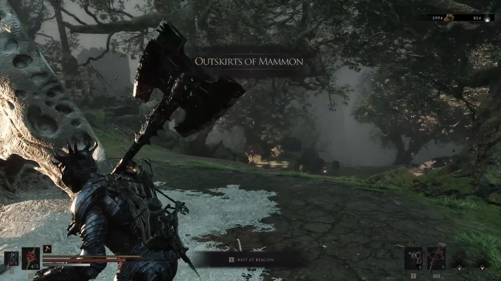 The Harbinger standing beside the Outskirts of Mammon beacon with the rest prompt visible
