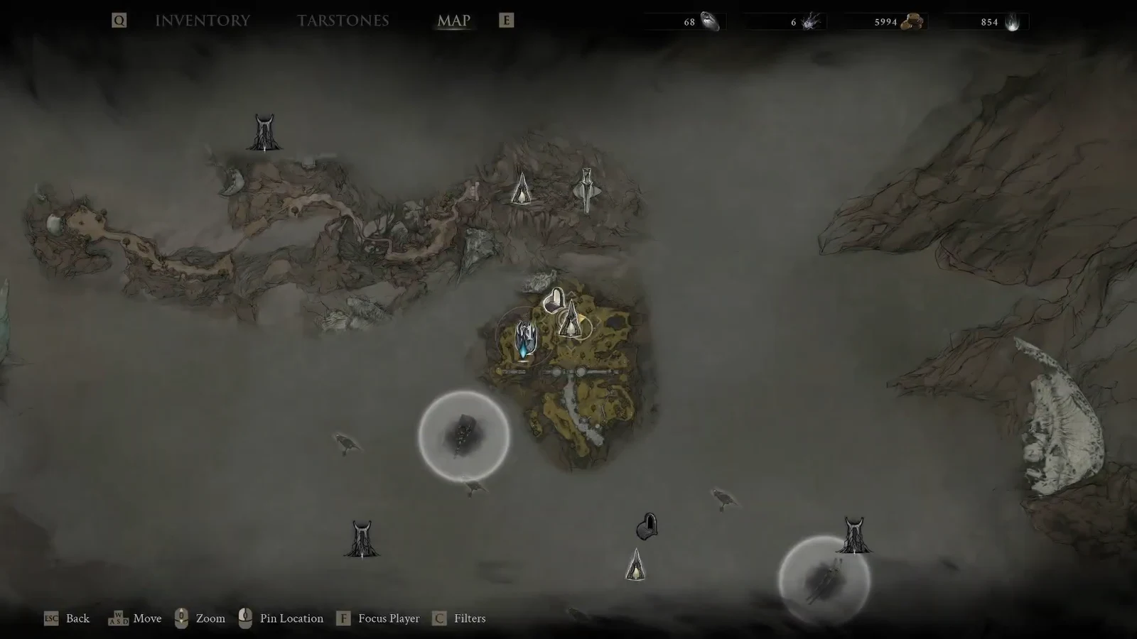World map screen with the cursor hovering over a marker next to the Outskirts of Mammon beacon