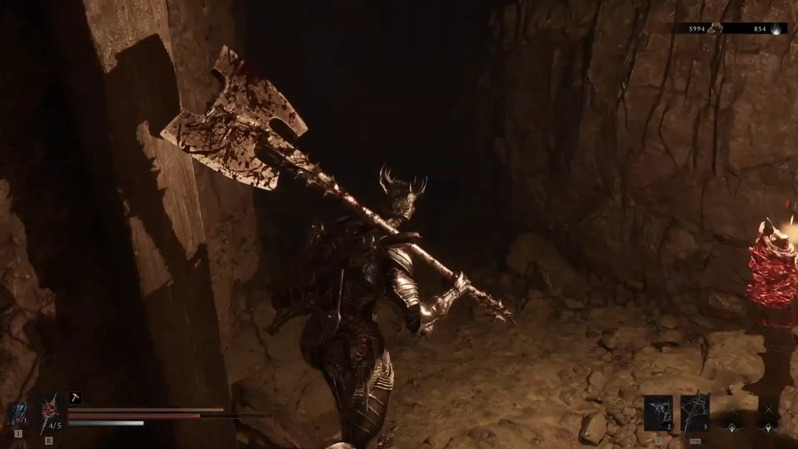 Armored Harbinger raising a two-handed axe against a glowing red crystalline creature inside a dark cave