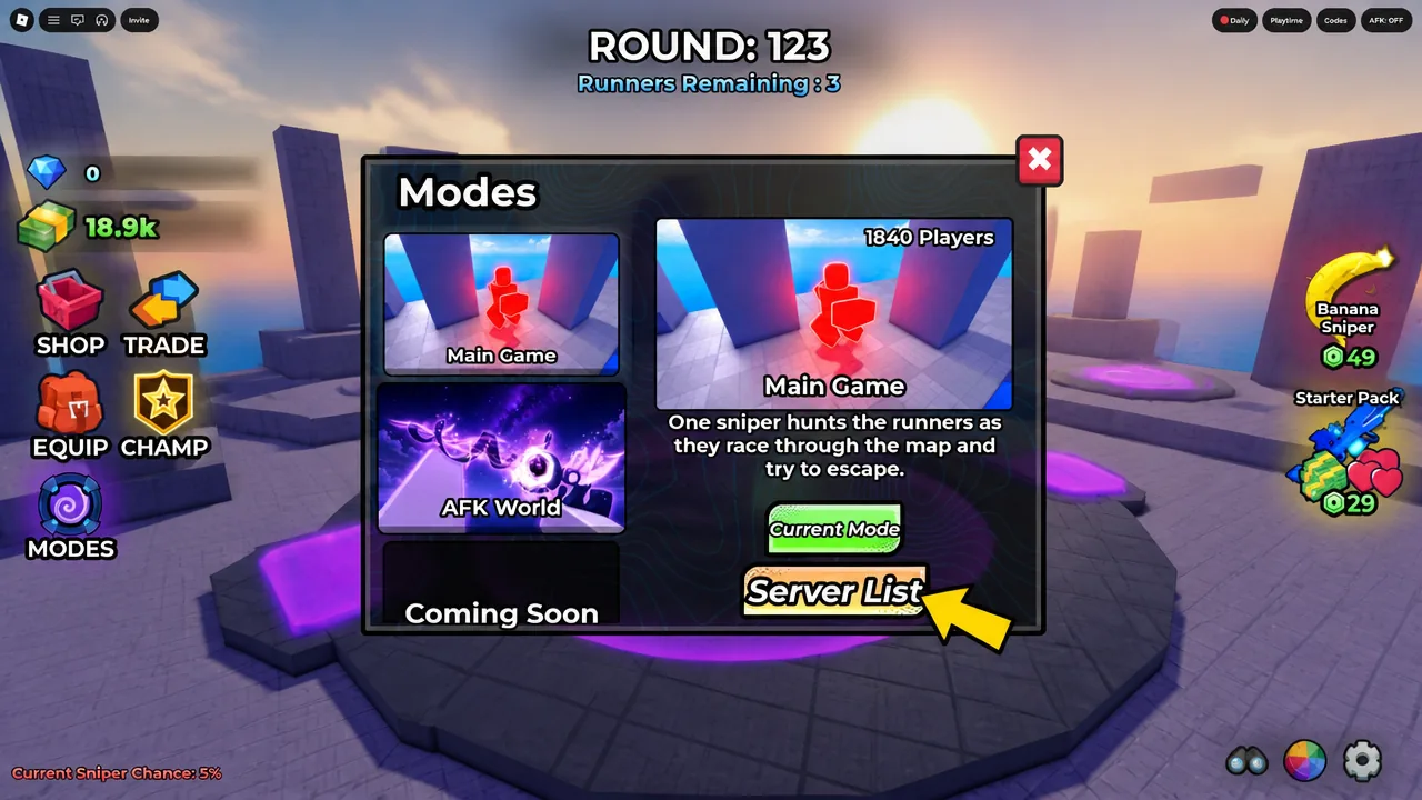 Modes menu showing Main Game and a highlighted Server List button