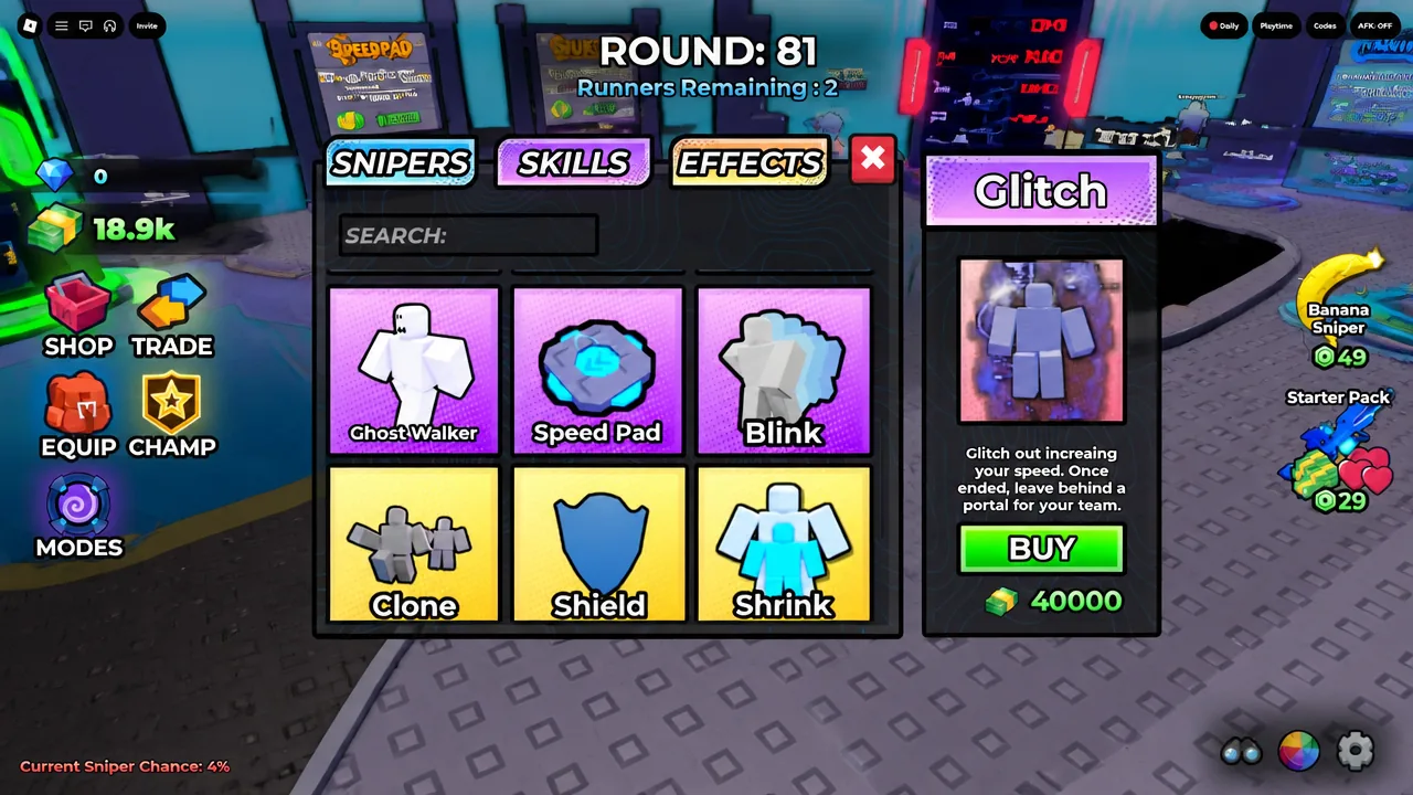 Effects menu with the Glitch effect selected and a Buy button