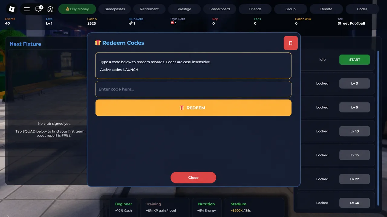 Soccer Legend Incremental the codes tab