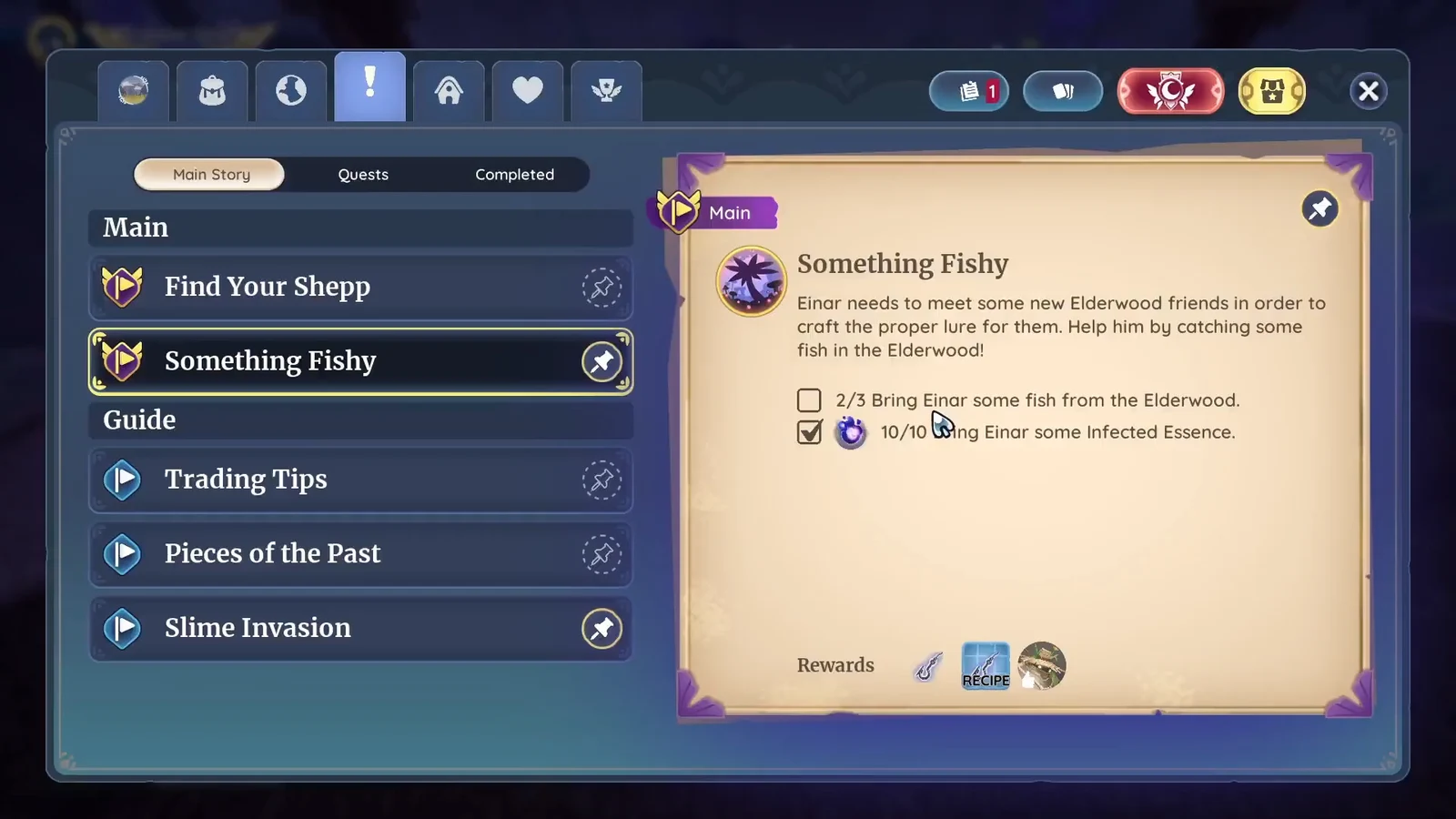 Palia quest log with Something Fishy selected, listing the Elderwood fish and Infected Essence objectives