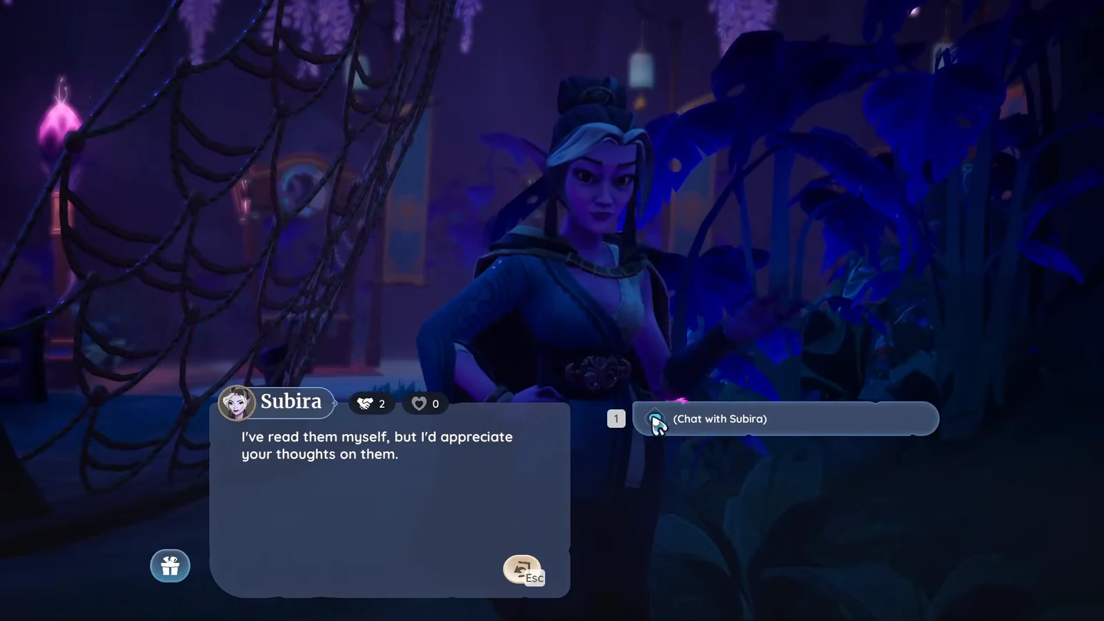 Subira dialogue menu with the chat option highlighted at the Elderwood Central Stables