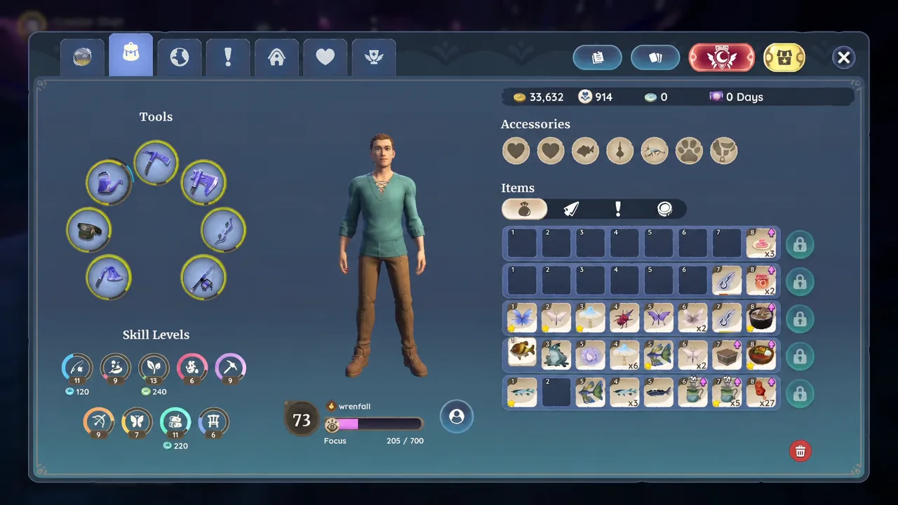 Palia inventory screen with the backpack tab open showing tools and item slots