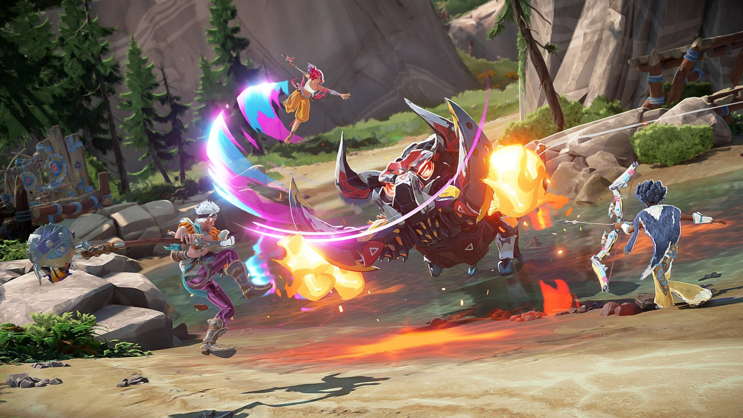 Hunters take on a towering machine together in Horizon Hunters Gathering.
