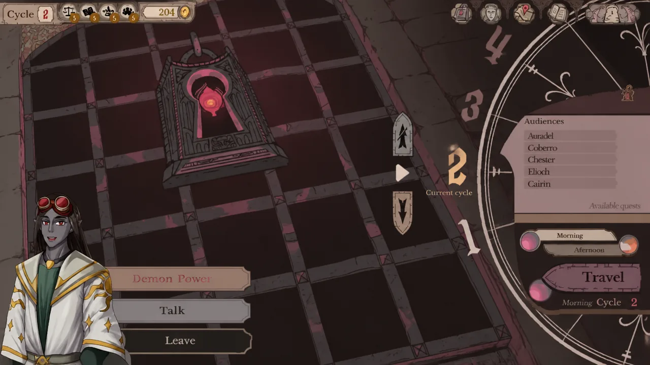 Sovereign Tower demon power rewind screen showing the morning and afternoon options for a past cycle