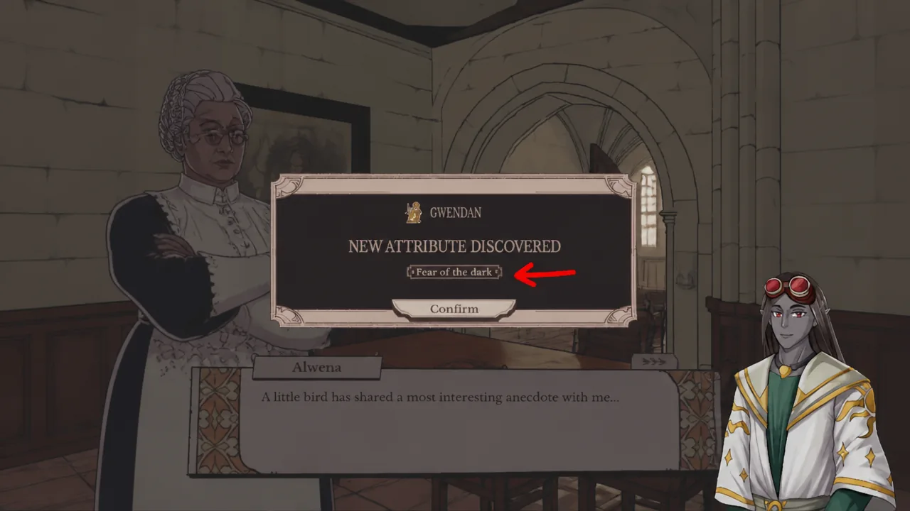 Alwena the Intendant reveals Gwendan's Fear of the Dark trait in Sovereign Tower