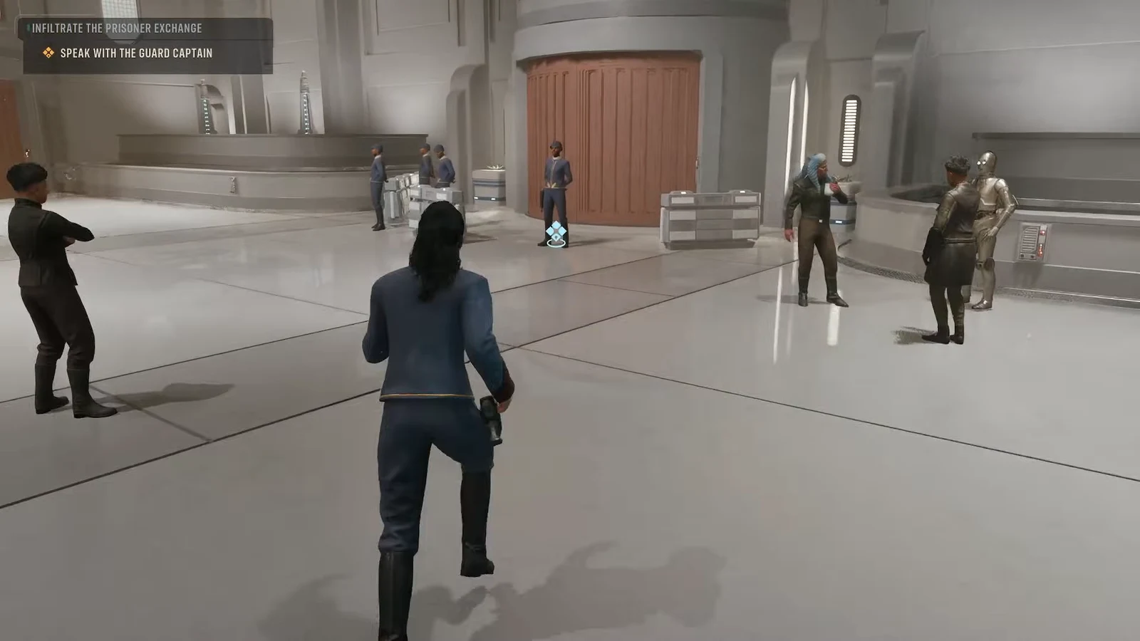 The Guard Captain standing in front of a sealed orange door with a blue objective marker above him
