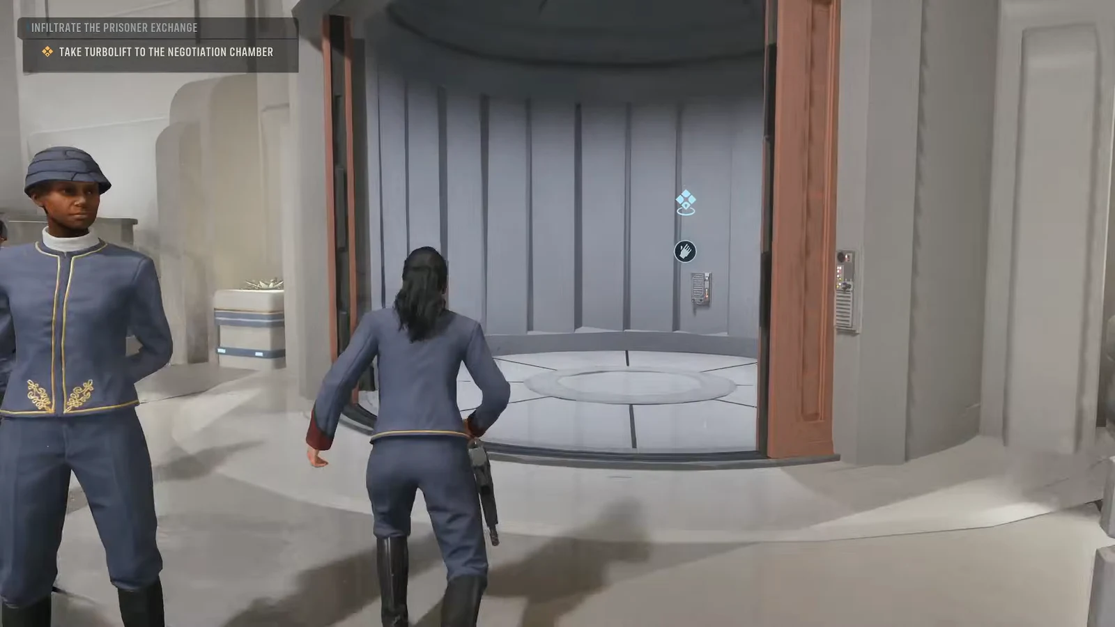Open turbolift with the hand interaction prompt to travel to the negotiation chamber