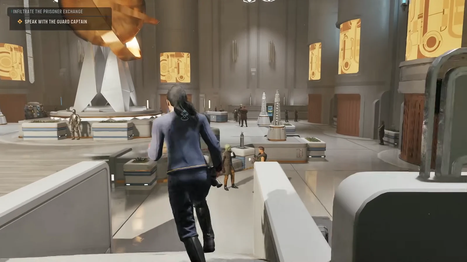 Objective tracker reading Infiltrate the Prisoner Exchange with Speak with the Guard Captain as Hawks crosses the lobby