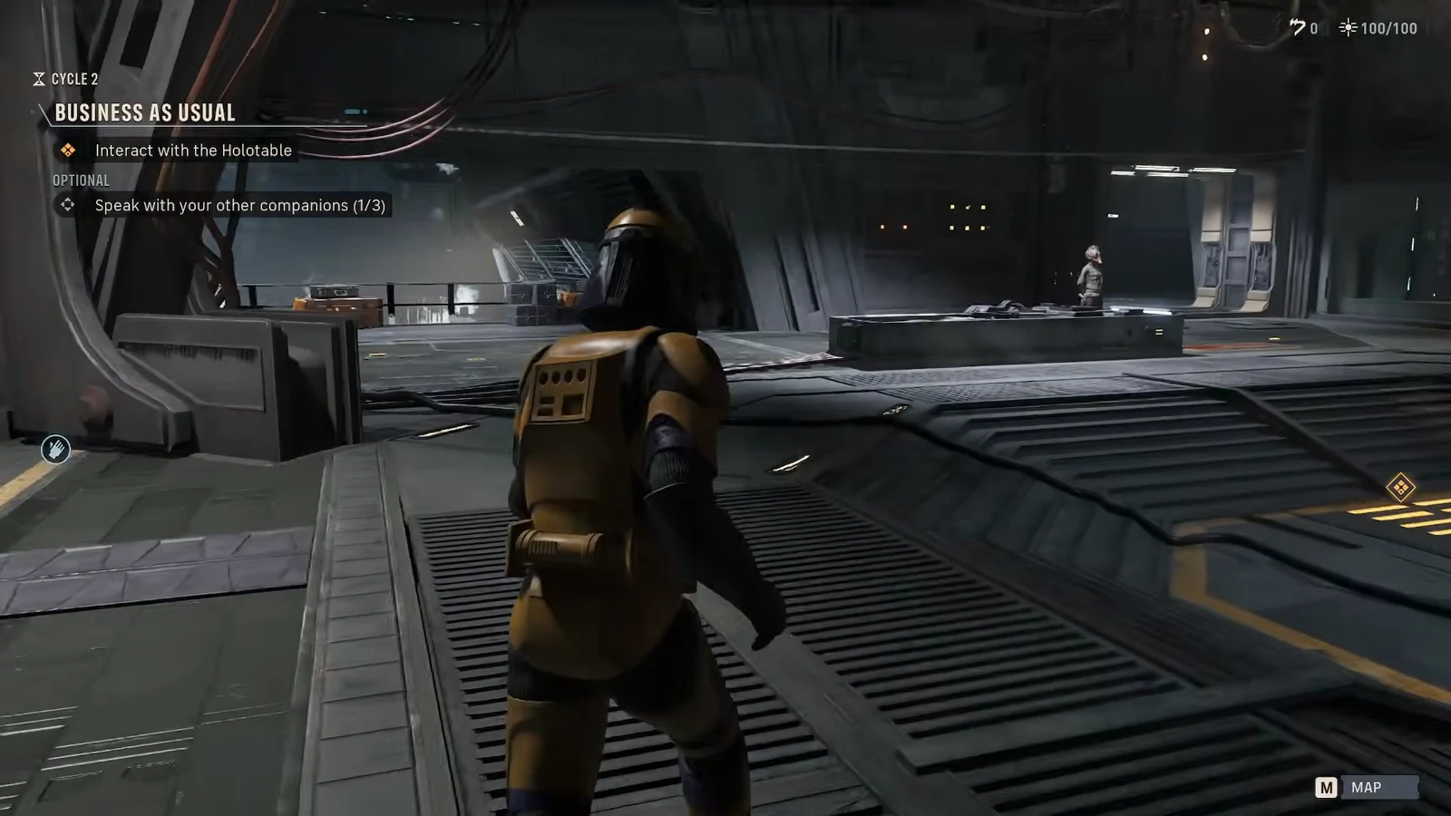 Business as Usual mission screen showing the Interact with the Holotable objective inside the Den