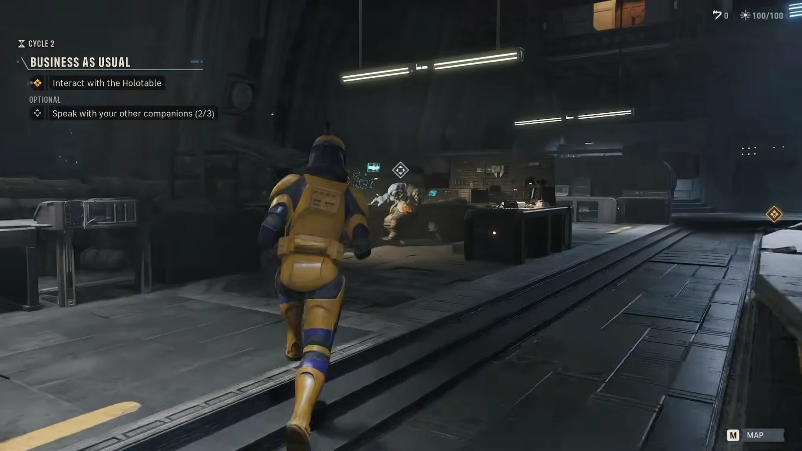 Approaching Kabb at the console with the Business as Usual Holotable objective still on screen