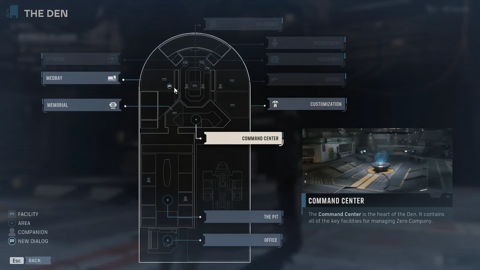 Den map menu with Command Center selected, showing its preview and description