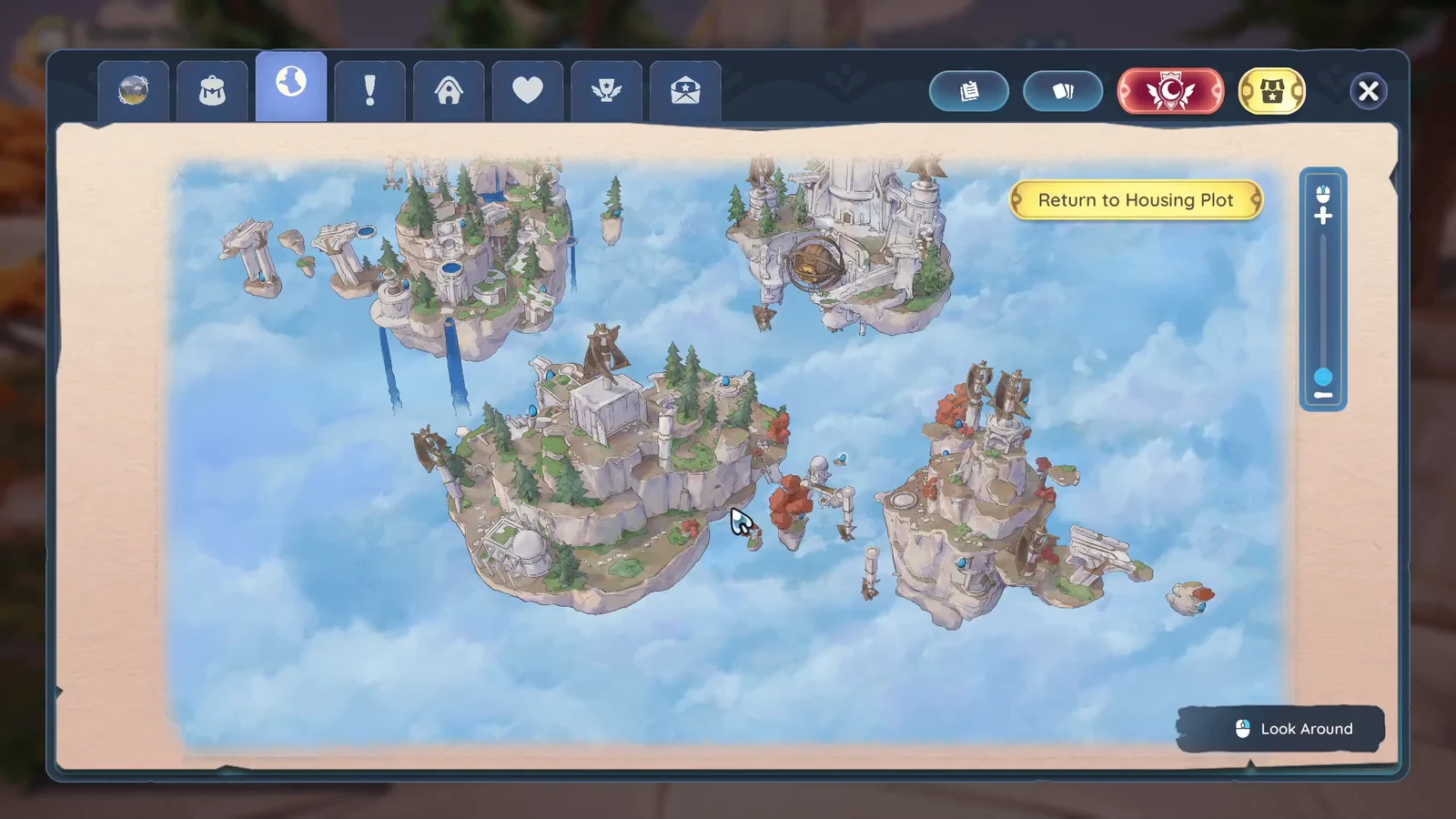 Palia world map open on the globe tab showing the Temple of the Gales floating islands