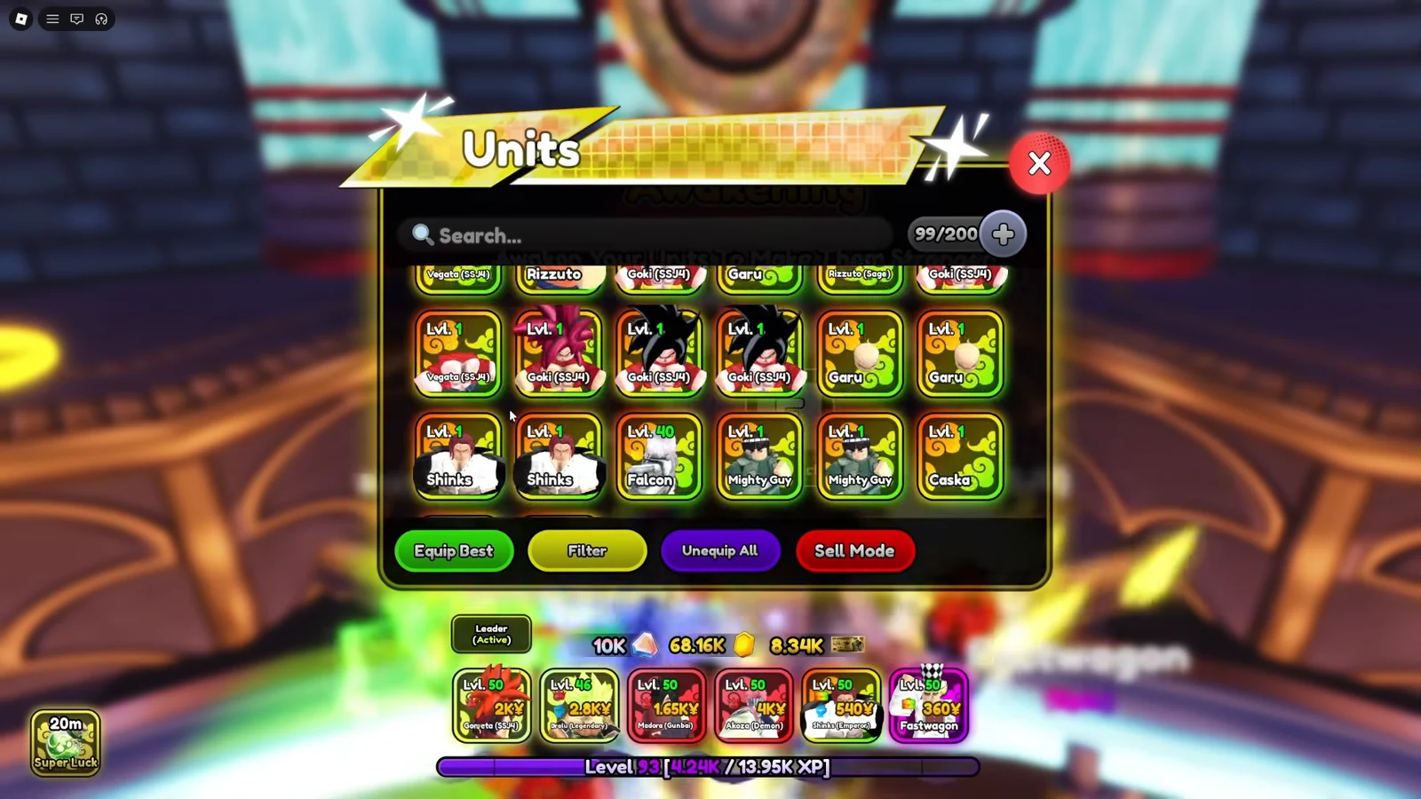Units inventory with Search, Equip Best, Filter, Unequip All, and Sell Mode