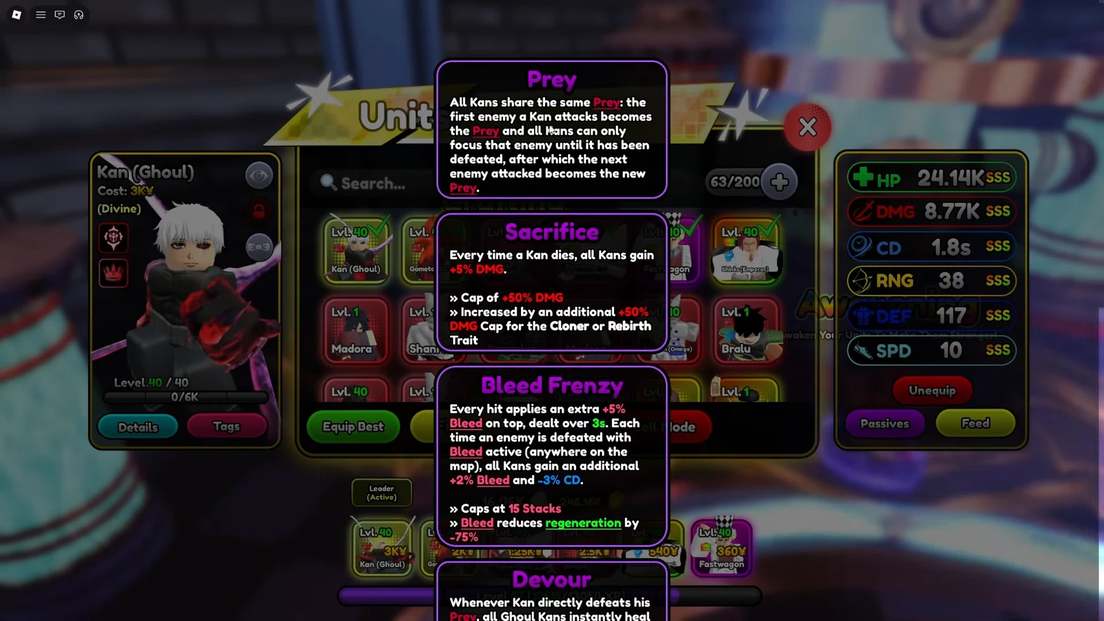 Kan (Ghoul) panel showing Prey, Sacrifice, Bleed Frenzy, and Devour trait tooltips