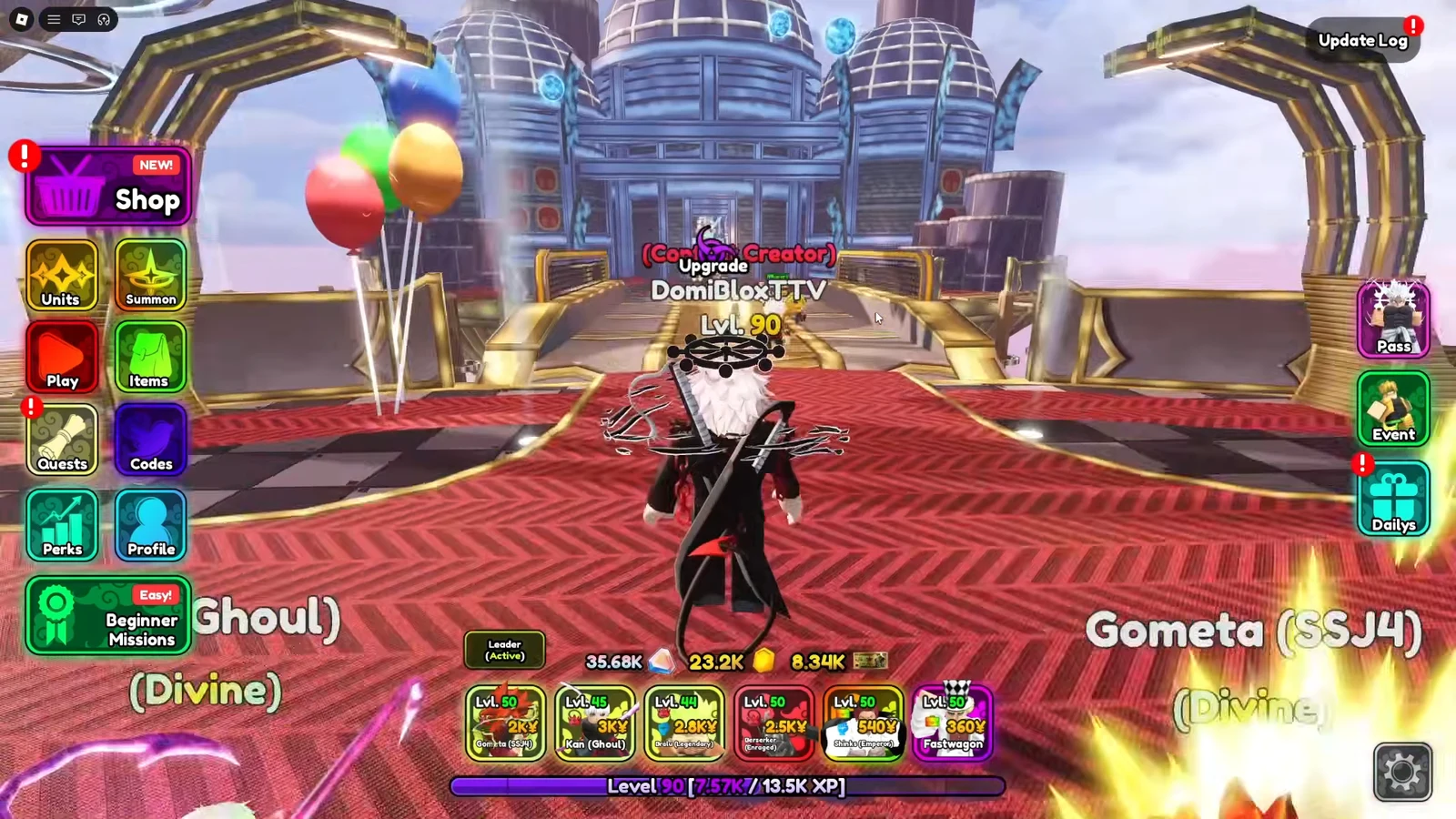 Main lobby with avatar, equipped unit loadout, and Shop, Play, Units, Summon buttons