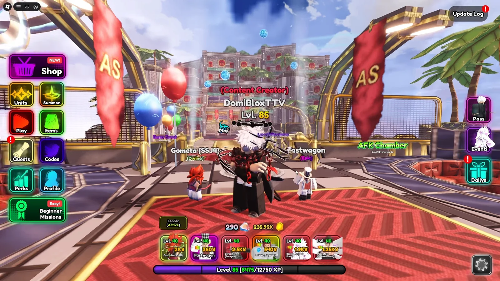 Game hub with avatar and Shop, Units, Summon, Play, Items, Quests, and Codes buttons